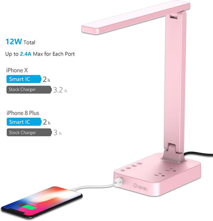 LED Desk Lamp, Desk Light with 1 USB Charging Port and 2 AC Power Outlet, 3 Lighting Modes, 3 Level Brightness,1H Timer, Touch Control, Eye-Caring Home Office Foldable Table Lamp (Pink)