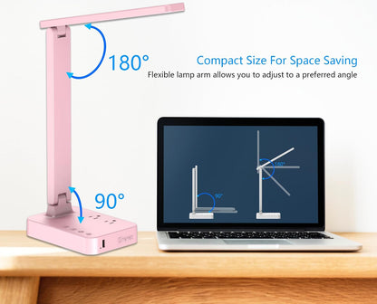 LED Desk Lamp, Desk Light with 1 USB Charging Port and 2 AC Power Outlet, 3 Lighting Modes, 3 Level Brightness,1H Timer, Touch Control, Eye-Caring Home Office Foldable Table Lamp (Pink)