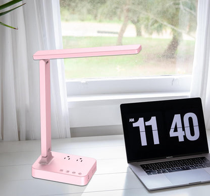 LED Desk Lamp, Desk Light with 1 USB Charging Port and 2 AC Power Outlet, 3 Lighting Modes, 3 Level Brightness,1H Timer, Touch Control, Eye-Caring Home Office Foldable Table Lamp (Pink)
