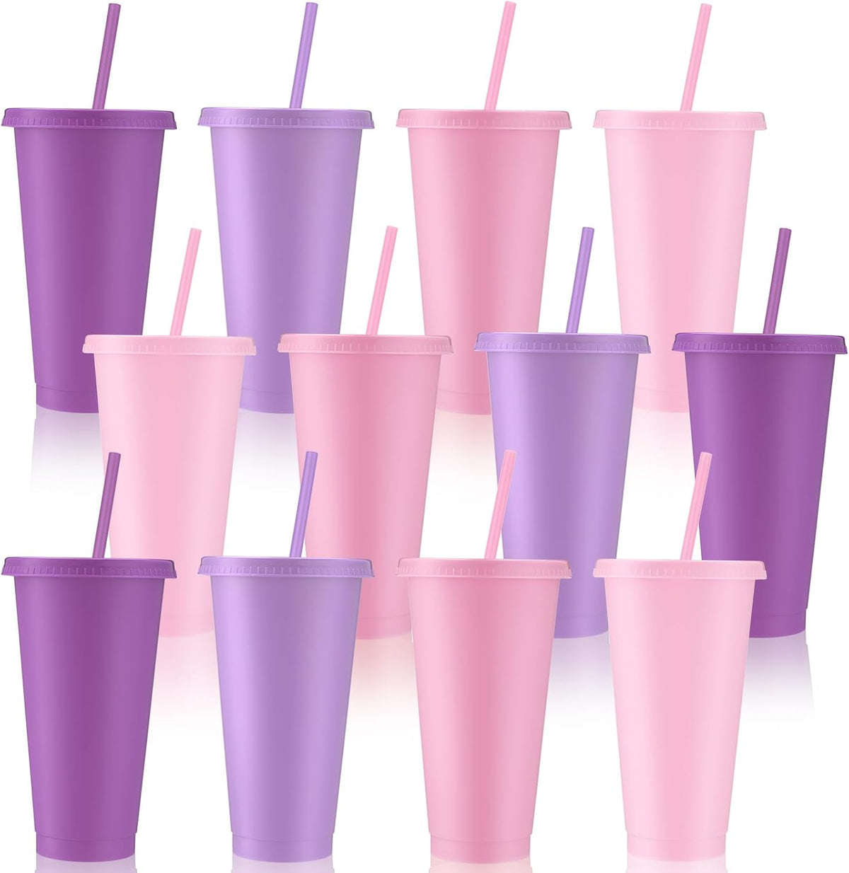 12 Pcs Lavender Pink Plastic Cups with Lids and Straws 24 oz
