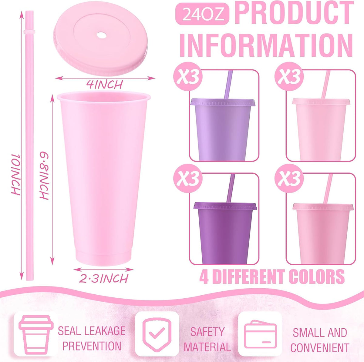 12 Pcs Lavender Pink Plastic Cups with Lids and Straws 24 oz