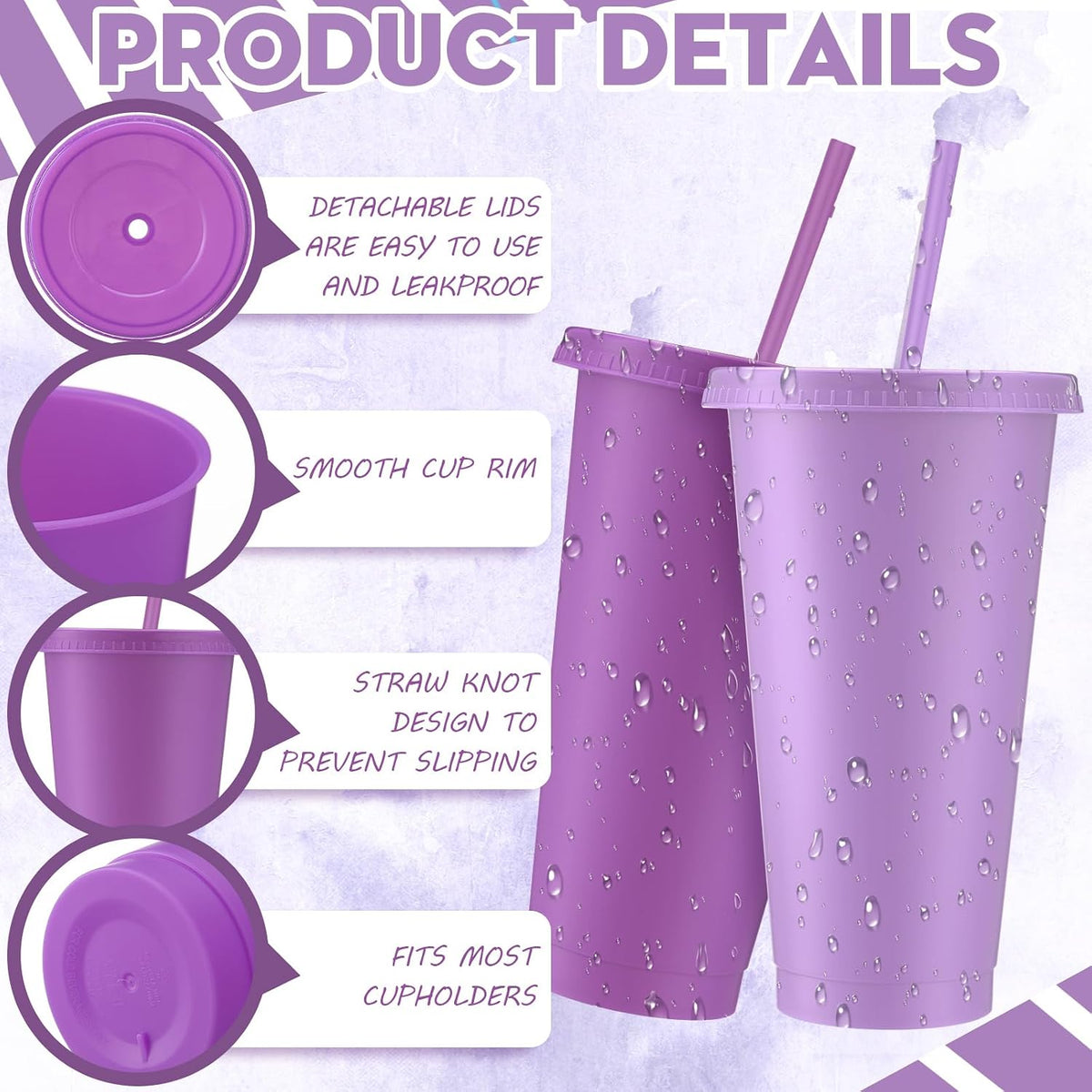 12 Pcs Lavender Pink Plastic Cups with Lids and Straws 24 oz