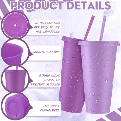 12 Pcs Lavender Pink Plastic Cups with Lids and Straws 24 oz