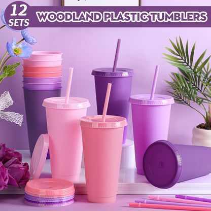 12 Pcs Lavender Pink Plastic Cups with Lids and Straws 24 oz