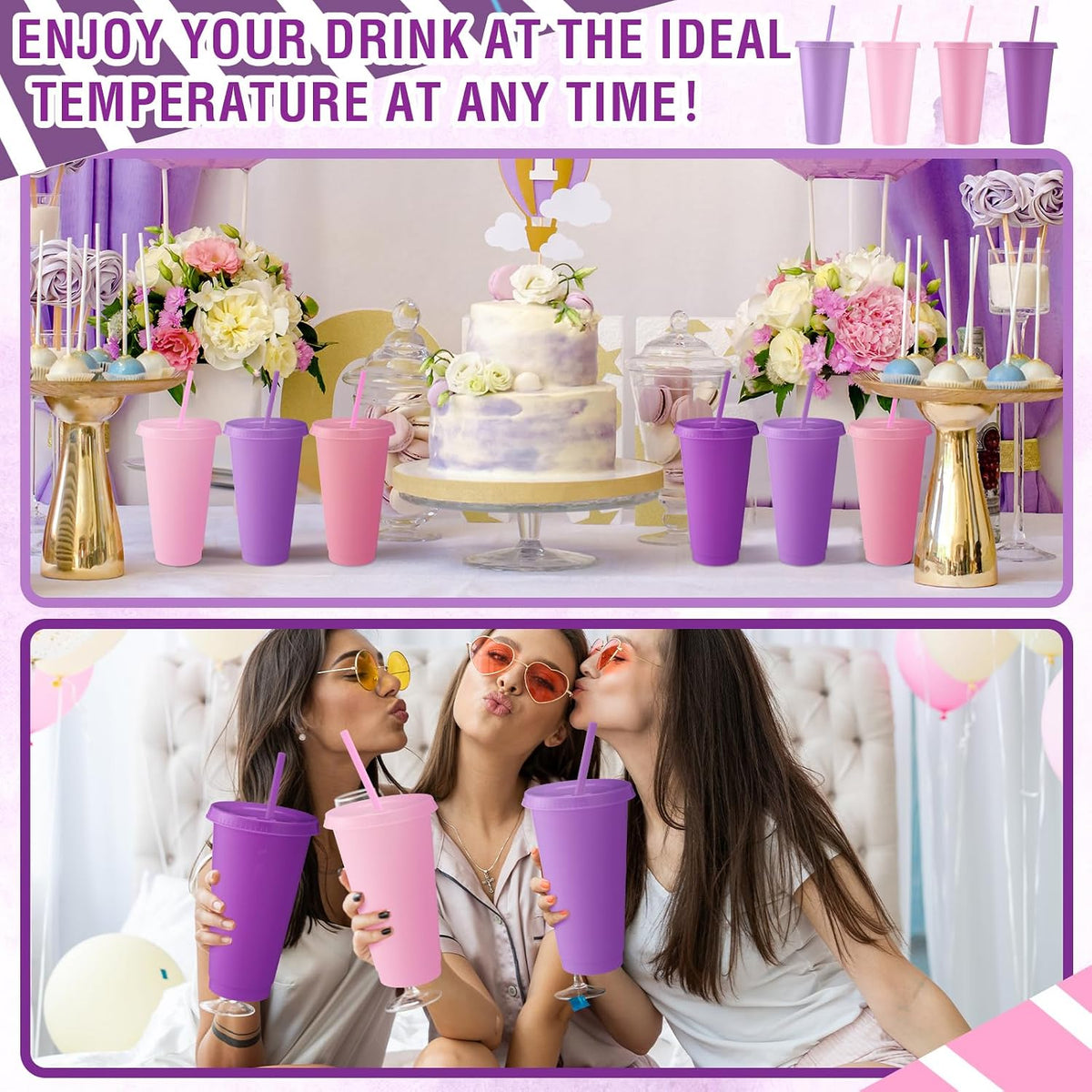 12 Pcs Lavender Pink Plastic Cups with Lids and Straws 24 oz