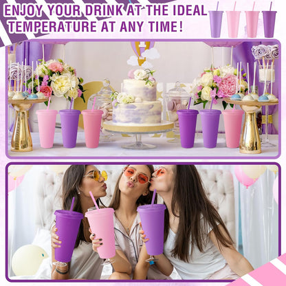 12 Pcs Lavender Pink Plastic Cups with Lids and Straws 24 oz
