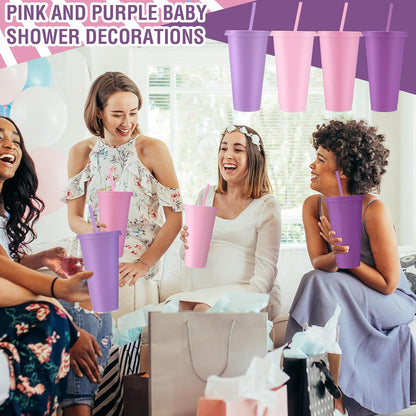 12 Pcs Lavender Pink Plastic Cups with Lids and Straws 24 oz