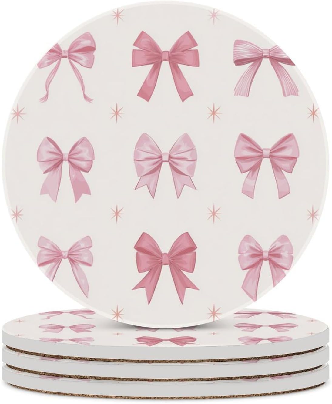 Nine Light Pink Bows Coasters Set of 4 Absorbent Coasters