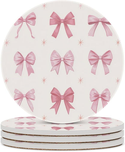 Nine Light Pink Bows Coasters Set of 4 Absorbent Coasters