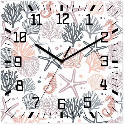 Wall Clock 12in Pink Starfish Silent Non Ticking Square Wall Clock Shell Coral Marine Life Decorative Clock for Living Room Bedroom Office Kitchen Decor