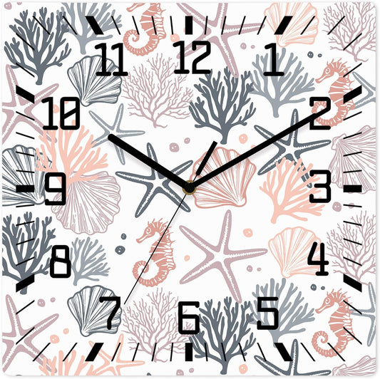 Wall Clock 12in Pink Starfish Silent Non Ticking Square Wall Clock Shell Coral Marine Life Decorative Clock for Living Room Bedroom Office Kitchen Decor