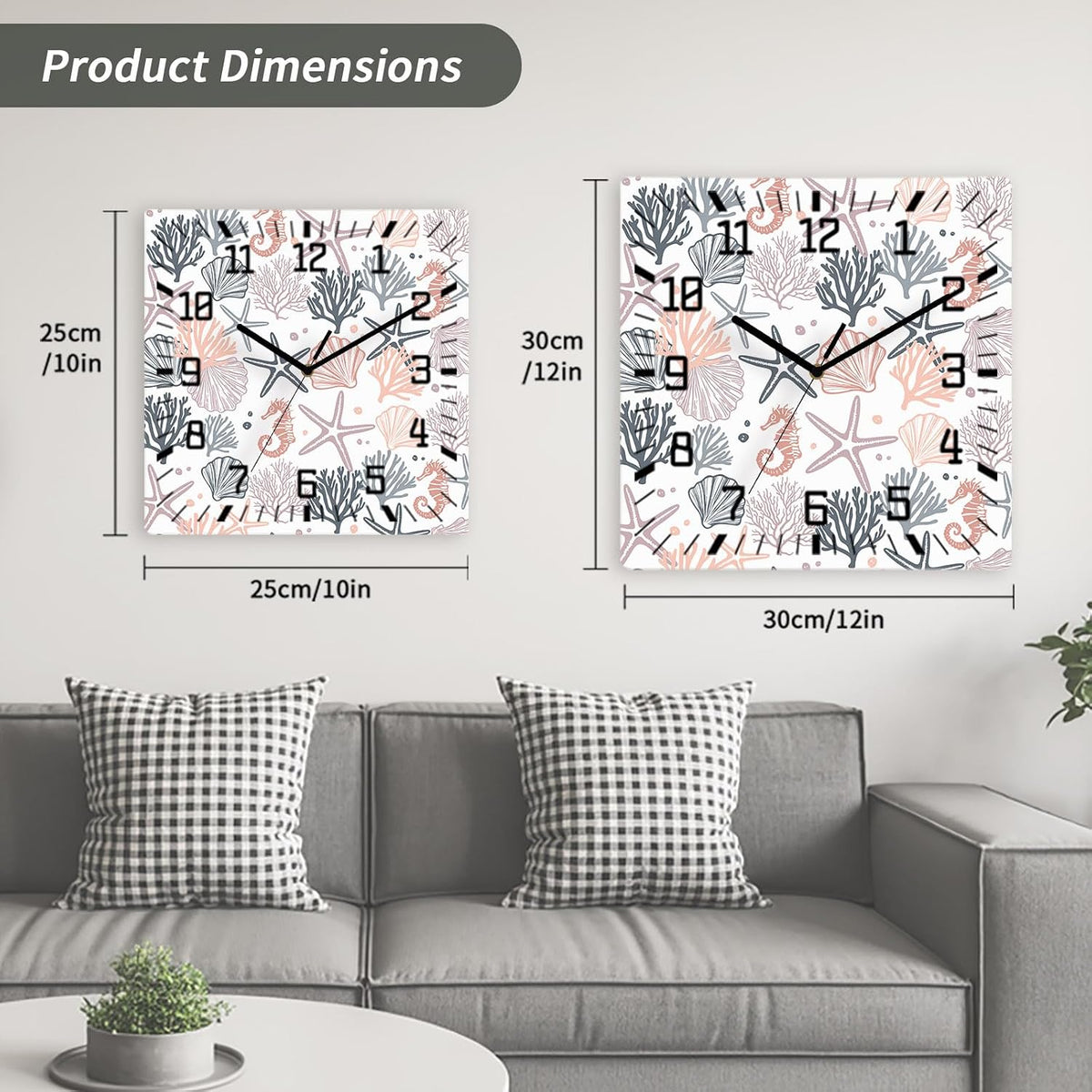 Wall Clock 12in Pink Starfish Silent Non Ticking Square Wall Clock Shell Coral Marine Life Decorative Clock for Living Room Bedroom Office Kitchen Decor