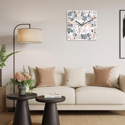Wall Clock 12in Pink Starfish Silent Non Ticking Square Wall Clock Shell Coral Marine Life Decorative Clock for Living Room Bedroom Office Kitchen Decor