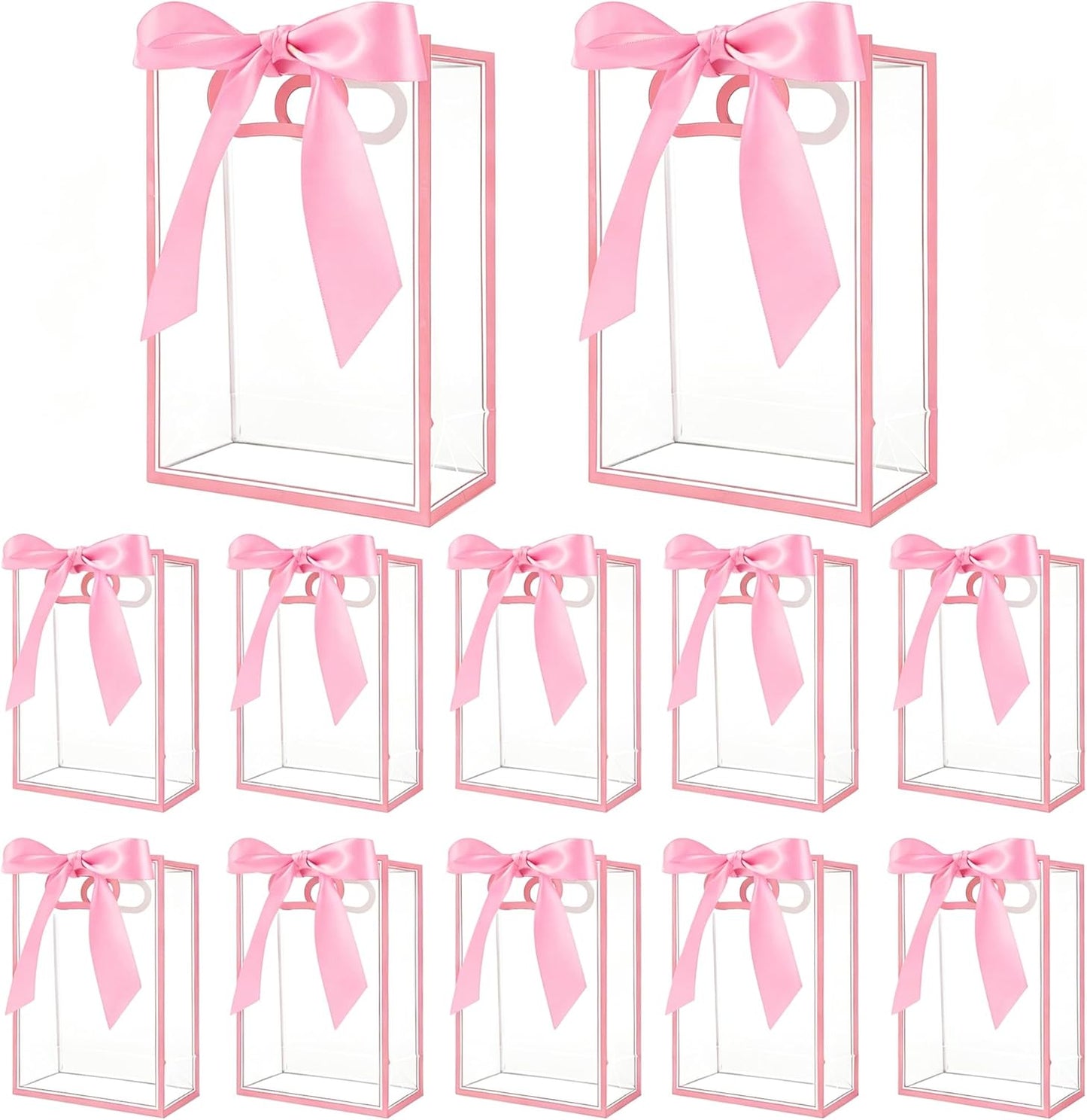 12 Pcs Clear Plastic Gift Bags With Handles Reusable PP Favor Bag With Ribbons For Valentine'S Day Wedding Bridal Shower Birthday Graduation Shopping Business, 7.09x10.24x3.15 Inch (Pink)