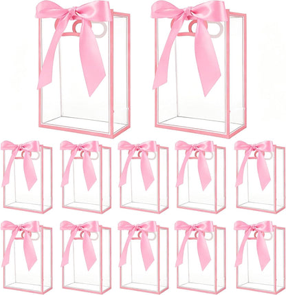 12 Pcs Clear Plastic Gift Bags With Handles Reusable PP Favor Bag With Ribbons For Valentine'S Day Wedding Bridal Shower Birthday Graduation Shopping Business, 7.09x10.24x3.15 Inch (Pink)