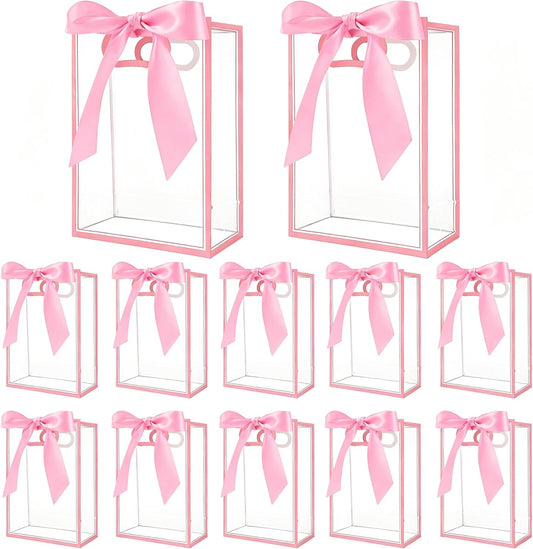 12 Pcs Clear Plastic Gift Bags With Handles Reusable PP Favor Bag With Ribbons For Valentine'S Day Wedding Bridal Shower Birthday Graduation Shopping Business, 7.09x10.24x3.15 Inch (Pink)