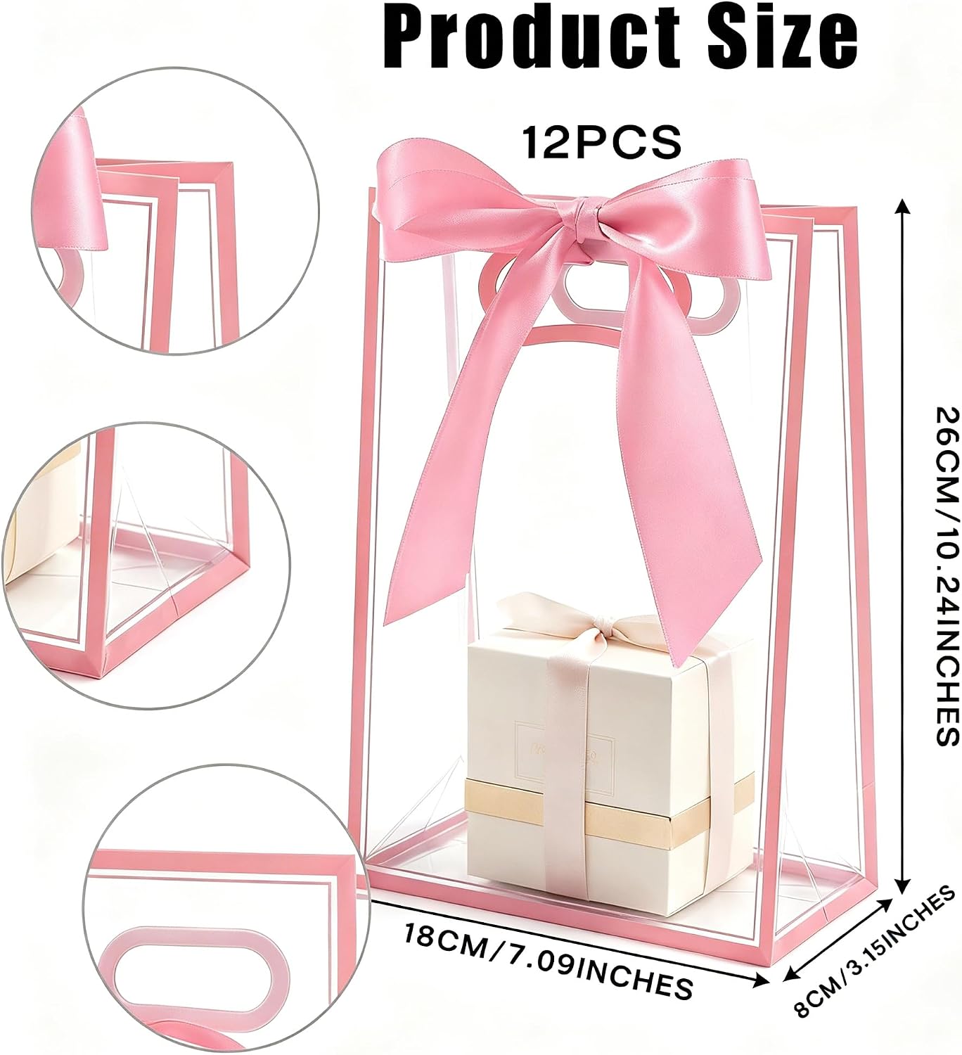 12 Pcs Clear Plastic Gift Bags With Handles Reusable PP Favor Bag With Ribbons For Valentine'S Day Wedding Bridal Shower Birthday Graduation Shopping Business, 7.09x10.24x3.15 Inch (Pink)