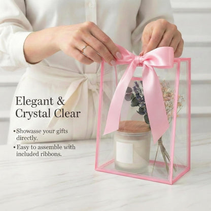 12 Pcs Clear Plastic Gift Bags With Handles Reusable PP Favor Bag With Ribbons For Valentine'S Day Wedding Bridal Shower Birthday Graduation Shopping Business, 7.09x10.24x3.15 Inch (Pink)