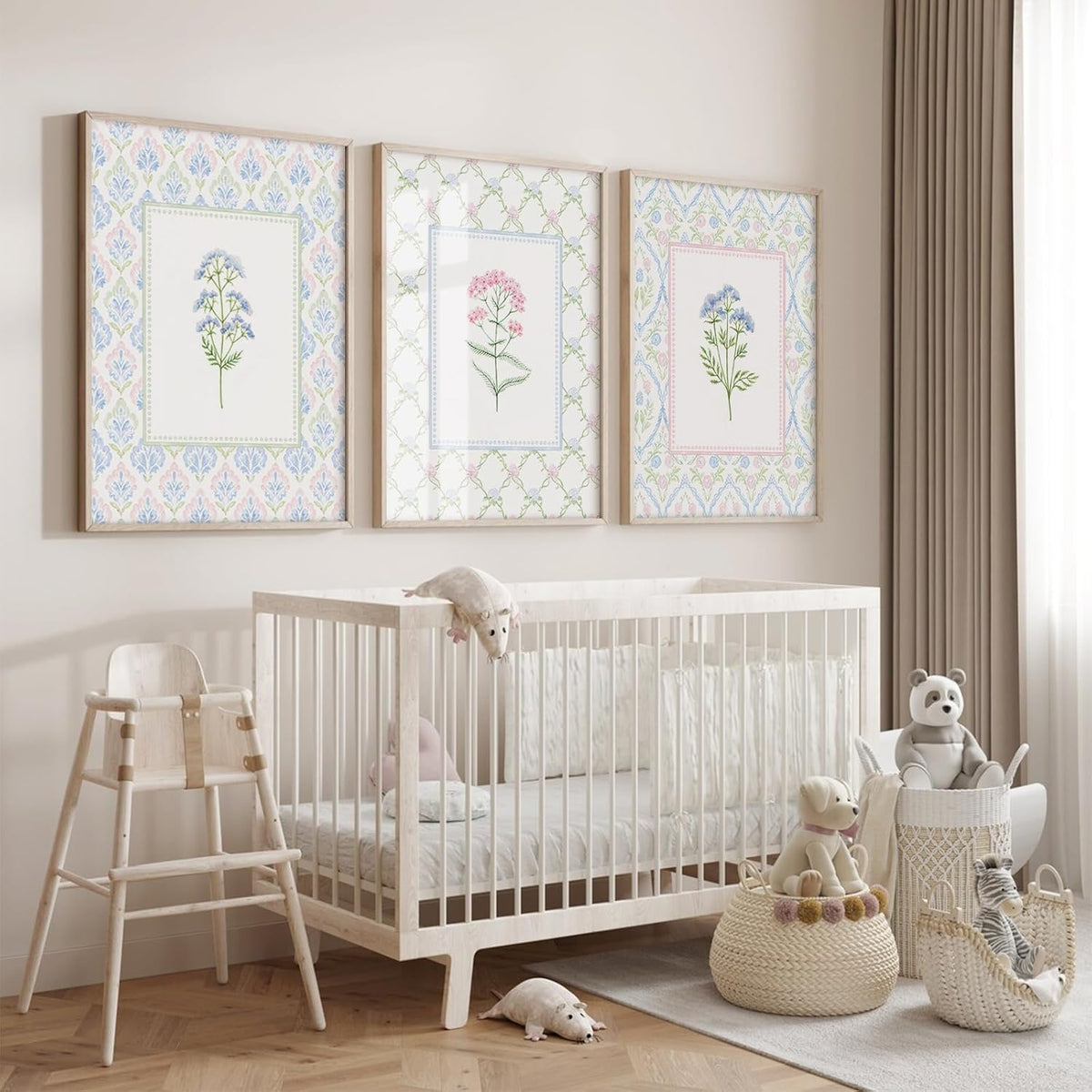 Wildflower Nursery Wall Art Decor Baby Girl Room Canvas Prints Pastel Floral Wall Art Botanical Flower Pictures Pink Blue Wildflower Painting Artwork for Girls Bedroom 16x24x3 Inch Unframed