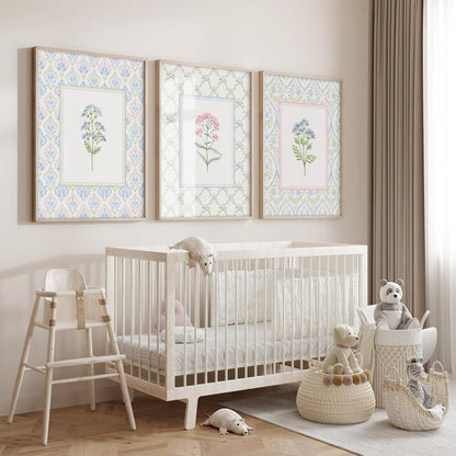 Wildflower Nursery Wall Art Decor Baby Girl Room Canvas Prints Pastel Floral Wall Art Botanical Flower Pictures Pink Blue Wildflower Painting Artwork for Girls Bedroom 16x24x3 Inch Unframed