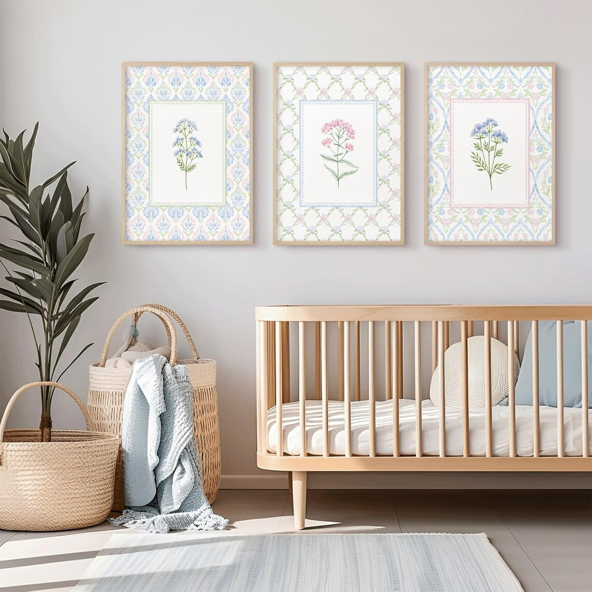 Wildflower Nursery Wall Art Decor Baby Girl Room Canvas Prints Pastel Floral Wall Art Botanical Flower Pictures Pink Blue Wildflower Painting Artwork for Girls Bedroom 16x24x3 Inch Unframed