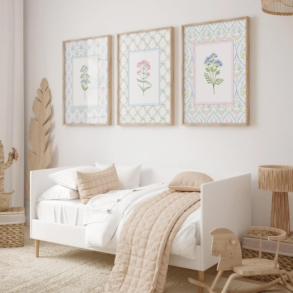 Wildflower Nursery Wall Art Decor Baby Girl Room Canvas Prints Pastel Floral Wall Art Botanical Flower Pictures Pink Blue Wildflower Painting Artwork for Girls Bedroom 16x24x3 Inch Unframed