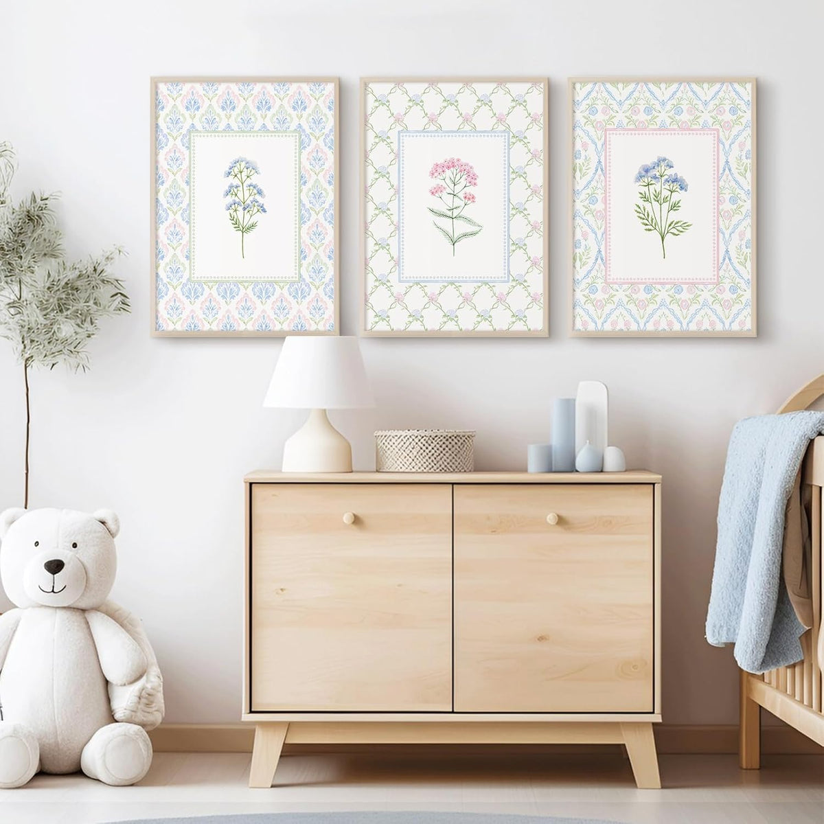 Wildflower Nursery Wall Art Decor Baby Girl Room Canvas Prints Pastel Floral Wall Art Botanical Flower Pictures Pink Blue Wildflower Painting Artwork for Girls Bedroom 16x24x3 Inch Unframed