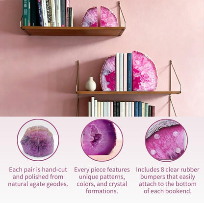 Geode Bookends Agate Decor Book Ends Unique Crystal Bookend Dyed Pink for Home Decorative 1 Pair 2-3 Lbs