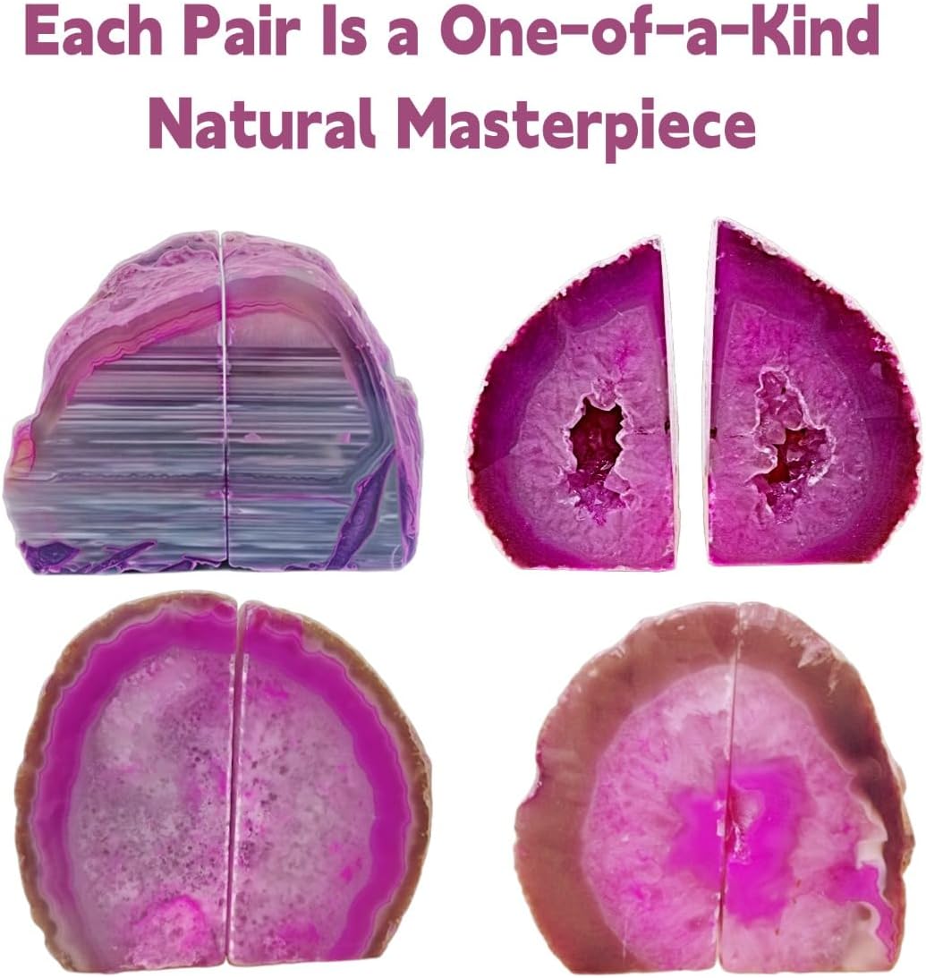 Geode Bookends Agate Decor Book Ends Unique Crystal Bookend Dyed Pink for Home Decorative 1 Pair 2-3 Lbs