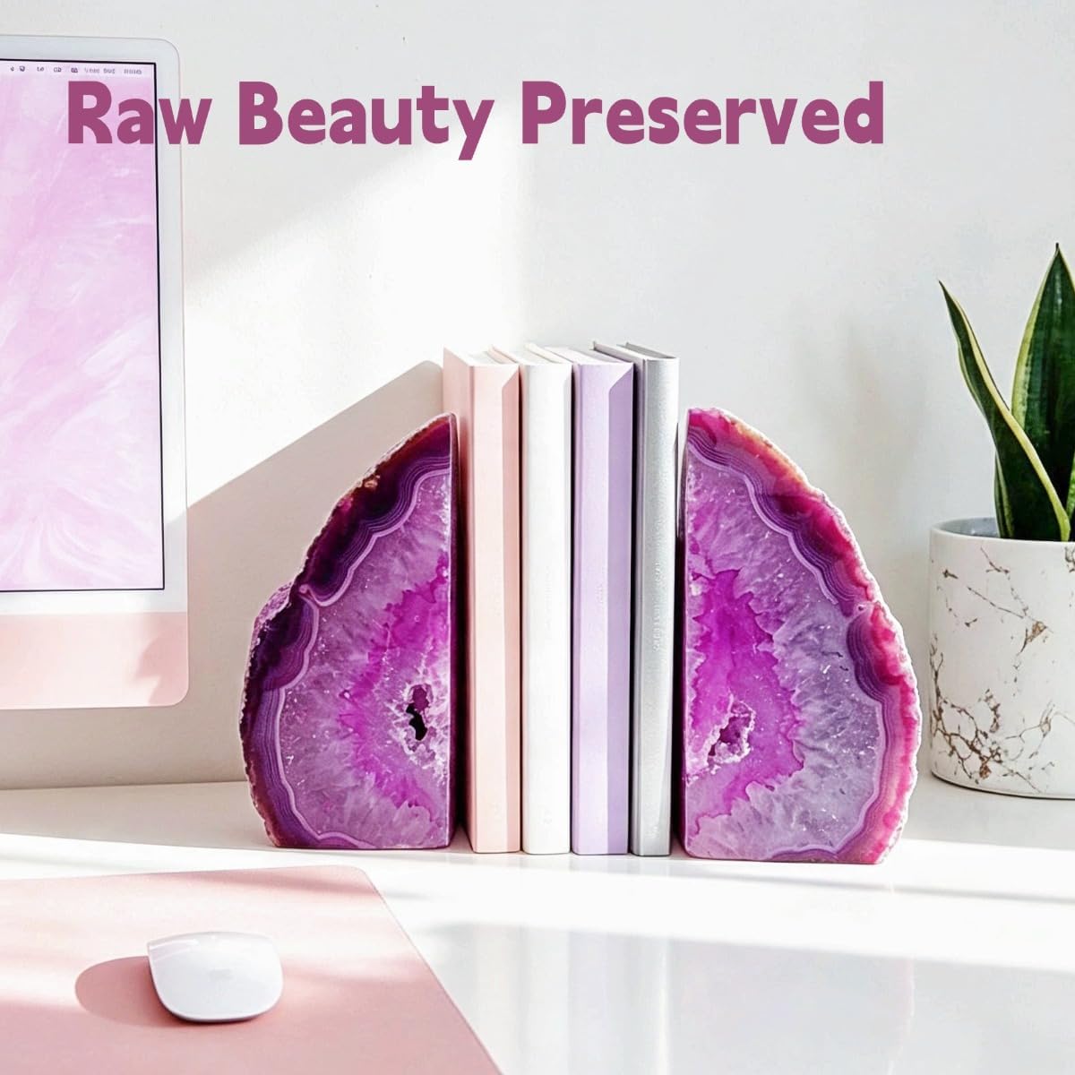 Geode Bookends Agate Decor Book Ends Unique Crystal Bookend Dyed Pink for Home Decorative 1 Pair 2-3 Lbs