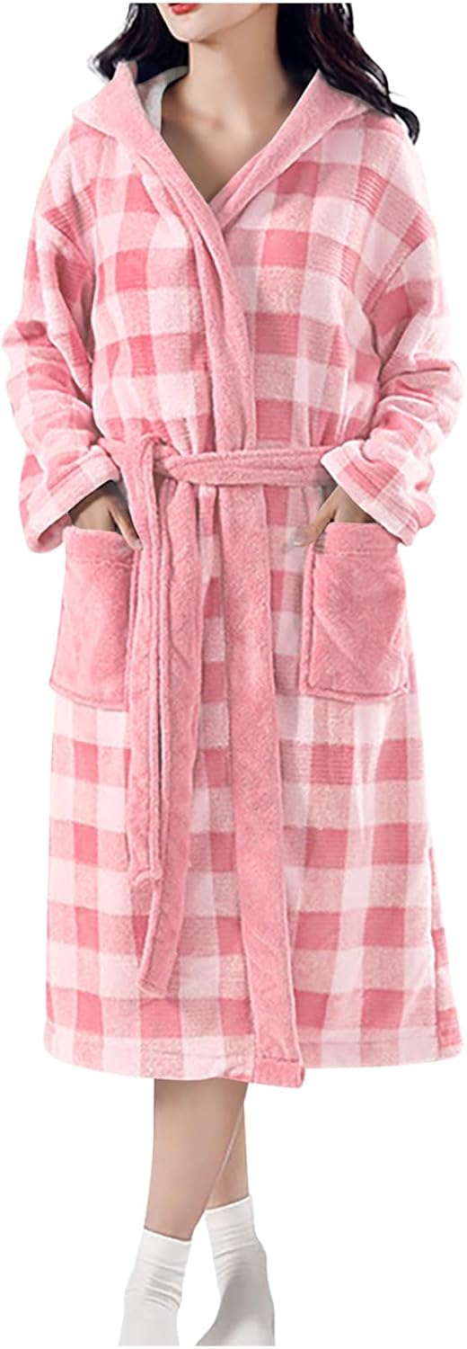 Women's Plush Fleece Plaid Bathrobe Soft Fluffy Long Hooded Bathrobes Comfort Luxurious Cute Teen Girls Housewear