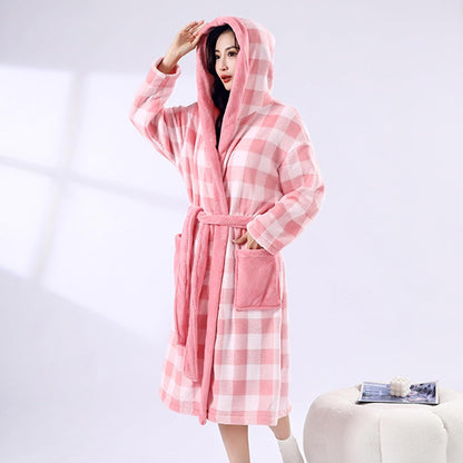 Women's Plush Fleece Plaid Bathrobe Soft Fluffy Long Hooded Bathrobes Comfort Luxurious Cute Teen Girls Housewear