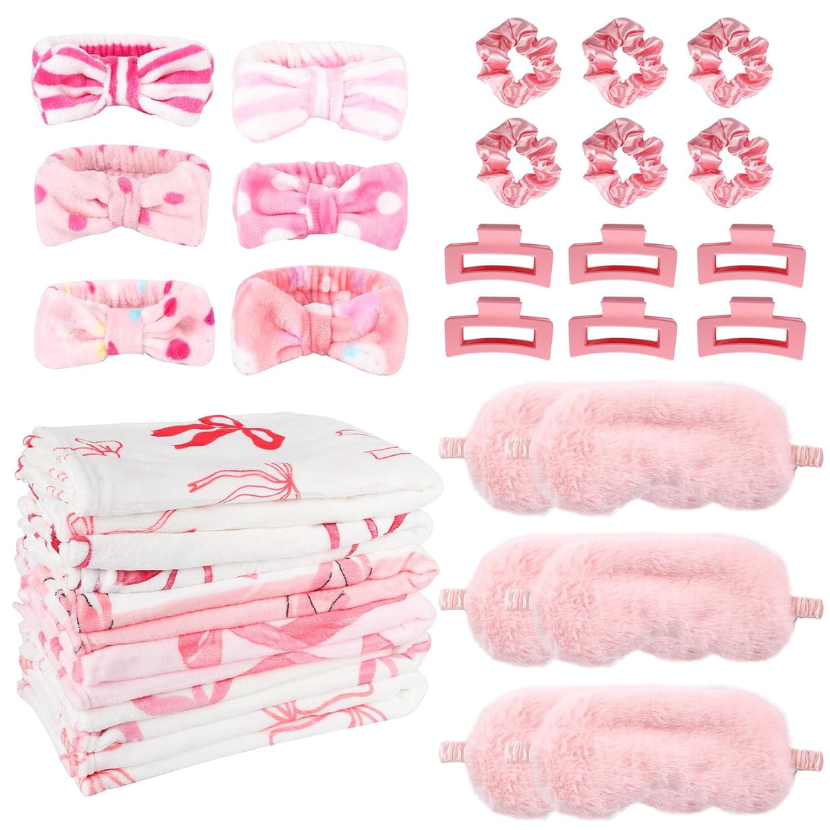 30 Pcs Sleepover Party Supplies for Girls, 6 Style Cute Pink Bow Blanket 6 Hair Clips 6 Hair Ties 6 Plush Pink Eye Mask Cover 6 Coral Fleece Spa Headband for Slumber Party Supplies for Girls