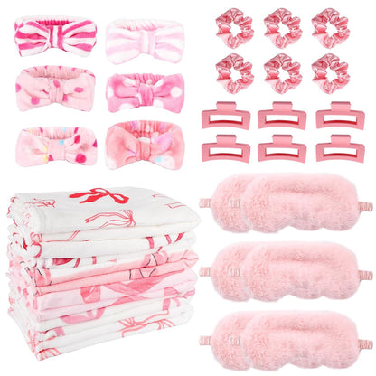 30 Pcs Sleepover Party Supplies for Girls, 6 Style Cute Pink Bow Blanket 6 Hair Clips 6 Hair Ties 6 Plush Pink Eye Mask Cover 6 Coral Fleece Spa Headband for Slumber Party Supplies for Girls