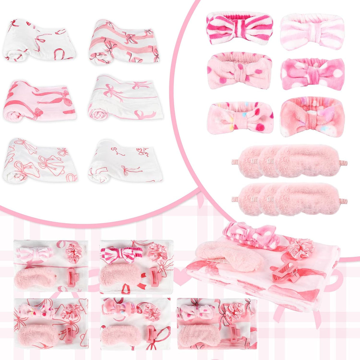 30 Pcs Sleepover Party Supplies for Girls, 6 Style Cute Pink Bow Blanket 6 Hair Clips 6 Hair Ties 6 Plush Pink Eye Mask Cover 6 Coral Fleece Spa Headband for Slumber Party Supplies for Girls