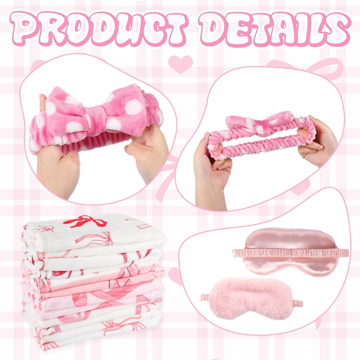 30 Pcs Sleepover Party Supplies for Girls, 6 Style Cute Pink Bow Blanket 6 Hair Clips 6 Hair Ties 6 Plush Pink Eye Mask Cover 6 Coral Fleece Spa Headband for Slumber Party Supplies for Girls