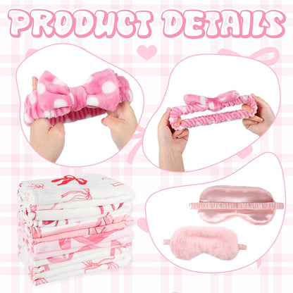 30 Pcs Sleepover Party Supplies for Girls, 6 Style Cute Pink Bow Blanket 6 Hair Clips 6 Hair Ties 6 Plush Pink Eye Mask Cover 6 Coral Fleece Spa Headband for Slumber Party Supplies for Girls