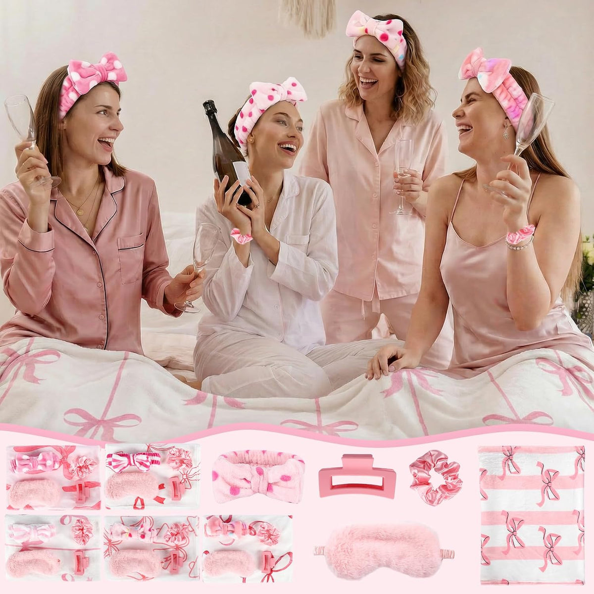 30 Pcs Sleepover Party Supplies for Girls, 6 Style Cute Pink Bow Blanket 6 Hair Clips 6 Hair Ties 6 Plush Pink Eye Mask Cover 6 Coral Fleece Spa Headband for Slumber Party Supplies for Girls