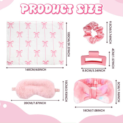 30 Pcs Sleepover Party Supplies for Girls, 6 Style Cute Pink Bow Blanket 6 Hair Clips 6 Hair Ties 6 Plush Pink Eye Mask Cover 6 Coral Fleece Spa Headband for Slumber Party Supplies for Girls