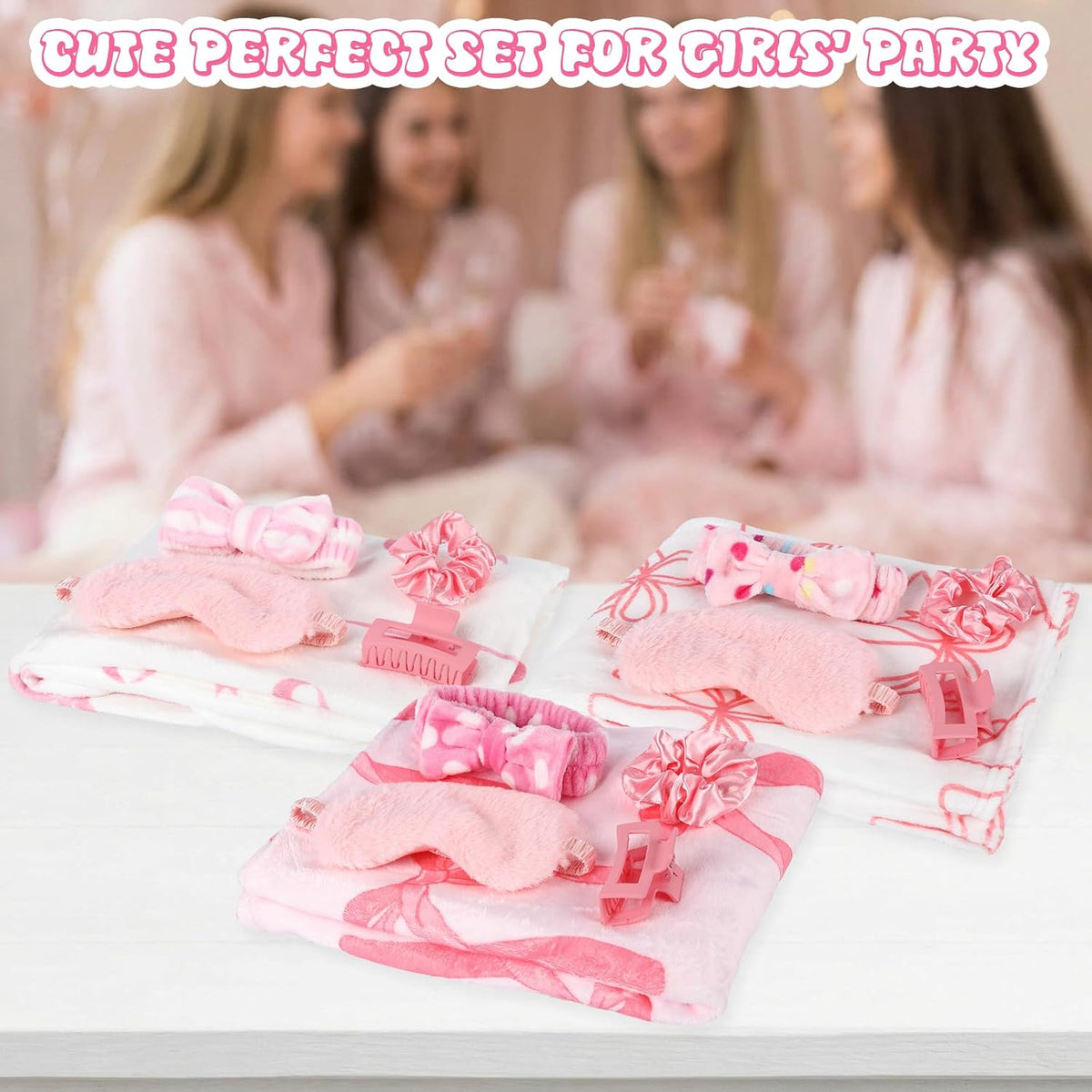 30 Pcs Sleepover Party Supplies for Girls, 6 Style Cute Pink Bow Blanket 6 Hair Clips 6 Hair Ties 6 Plush Pink Eye Mask Cover 6 Coral Fleece Spa Headband for Slumber Party Supplies for Girls
