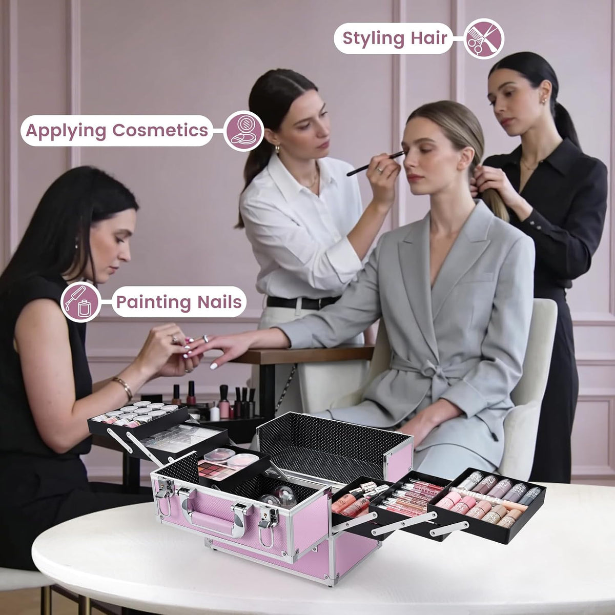 Makeup Train Case Large Portable Cosmetic Case - 6 Tier Trays Professional Makeup Storage Organizer Box Make Up Carrier with Lockable keys - Pink