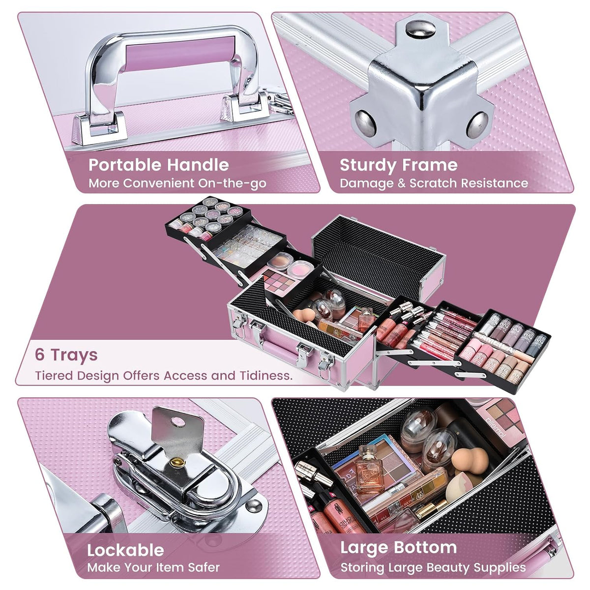 Makeup Train Case Large Portable Cosmetic Case - 6 Tier Trays Professional Makeup Storage Organizer Box Make Up Carrier with Lockable keys - Pink