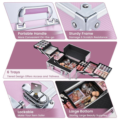 Makeup Train Case Large Portable Cosmetic Case - 6 Tier Trays Professional Makeup Storage Organizer Box Make Up Carrier with Lockable keys - Pink