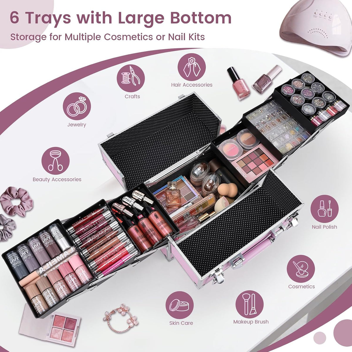 Makeup Train Case Large Portable Cosmetic Case - 6 Tier Trays Professional Makeup Storage Organizer Box Make Up Carrier with Lockable keys - Pink