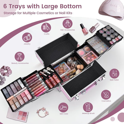 Makeup Train Case Large Portable Cosmetic Case - 6 Tier Trays Professional Makeup Storage Organizer Box Make Up Carrier with Lockable keys - Pink