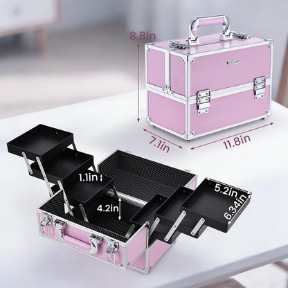 Makeup Train Case Large Portable Cosmetic Case - 6 Tier Trays Professional Makeup Storage Organizer Box Make Up Carrier with Lockable keys - Pink