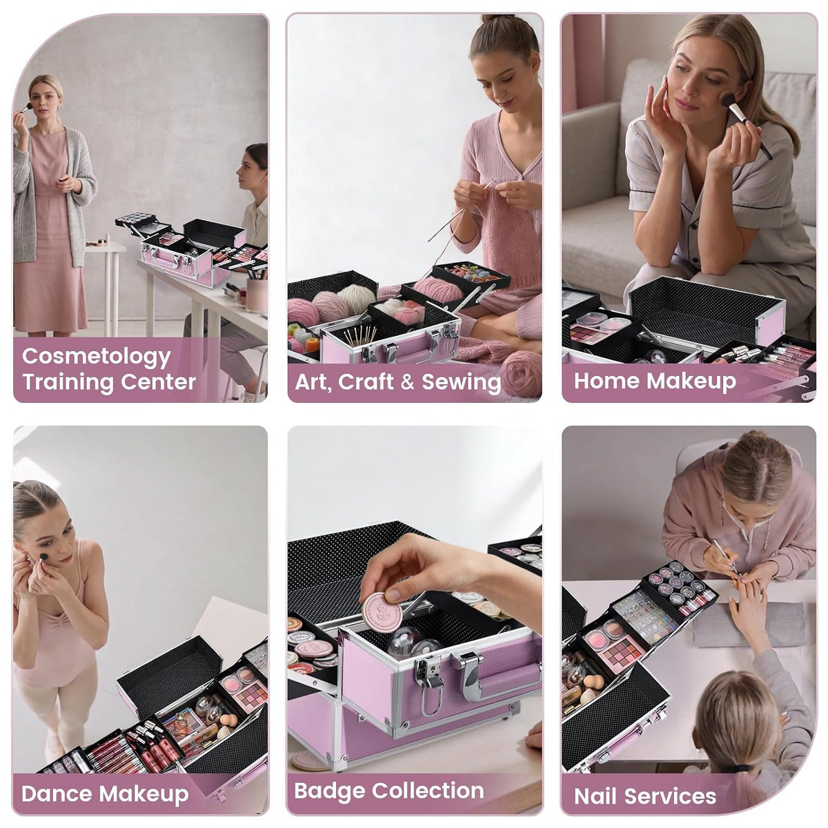Makeup Train Case Large Portable Cosmetic Case - 6 Tier Trays Professional Makeup Storage Organizer Box Make Up Carrier with Lockable keys - Pink