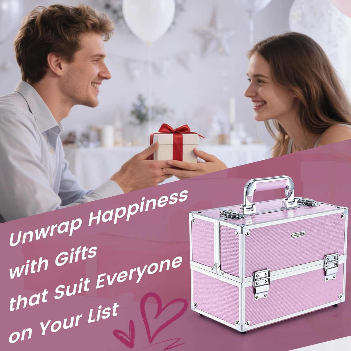 Makeup Train Case Large Portable Cosmetic Case - 6 Tier Trays Professional Makeup Storage Organizer Box Make Up Carrier with Lockable keys - Pink