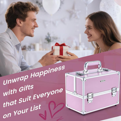 Makeup Train Case Large Portable Cosmetic Case - 6 Tier Trays Professional Makeup Storage Organizer Box Make Up Carrier with Lockable keys - Pink