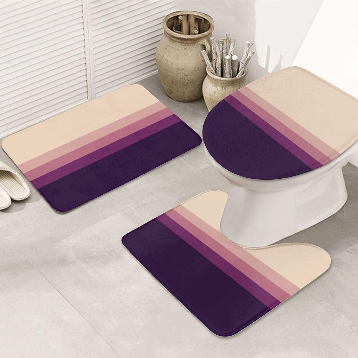 3 Pieces Bath Rug Sets, Light Grey Pink Purple Stripes Non-Slip Absorbent Bathroom Mats with U-Shaped Contour Rug & Toilet Lid Cover